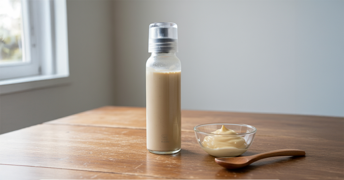 自家製マヨネーズとごまドレッシングをテーブルに並べた写真