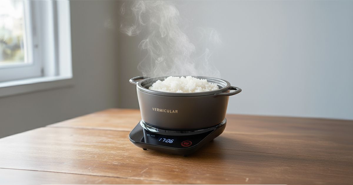 バーミキュラ ライスポットで炊いたご飯と蒸気が立ちのぼる様子